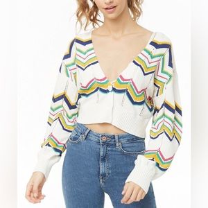 EUC Forever 21 Cropped Cardigan.V-knit pattern, bright colors, cream background.